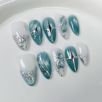 10pcs Handmade Press On Nails Flash Light Blue Cat's Eye French Almond Fake Nails Silver Metal Designs Summer Fresh False Nail