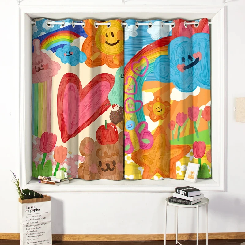 Fresh Cartoon Oil Painting Window Curtain Cute Children's Room Simple Fashion High Shading Bedroom Curtain 2 Panels New Pattern