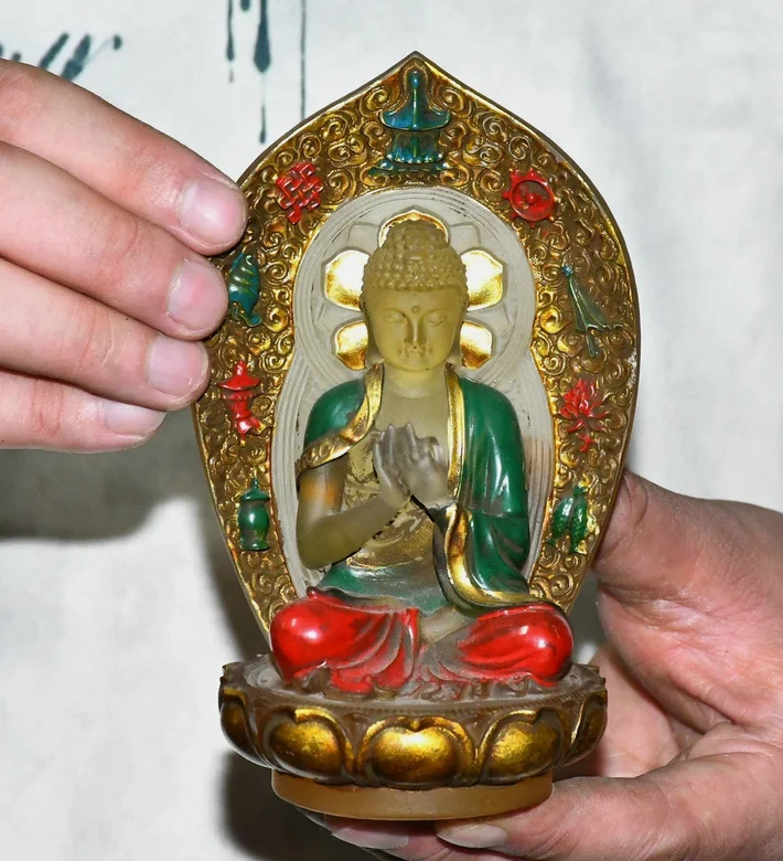 Old Tibet Coloured Glaze Sit Lotus Shakyamuni Sakyamuni Amitabha Buddha Statue