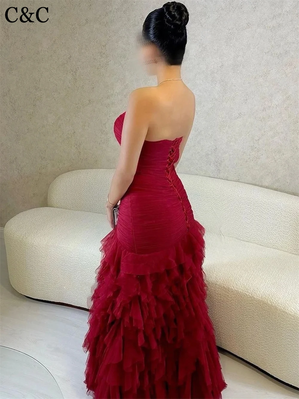 C&C Sweetheart A-line Brush es Layered Draped Skirts Tulle Evening Dress Sexy Special Occasion Gown Sleeveless Backless Length