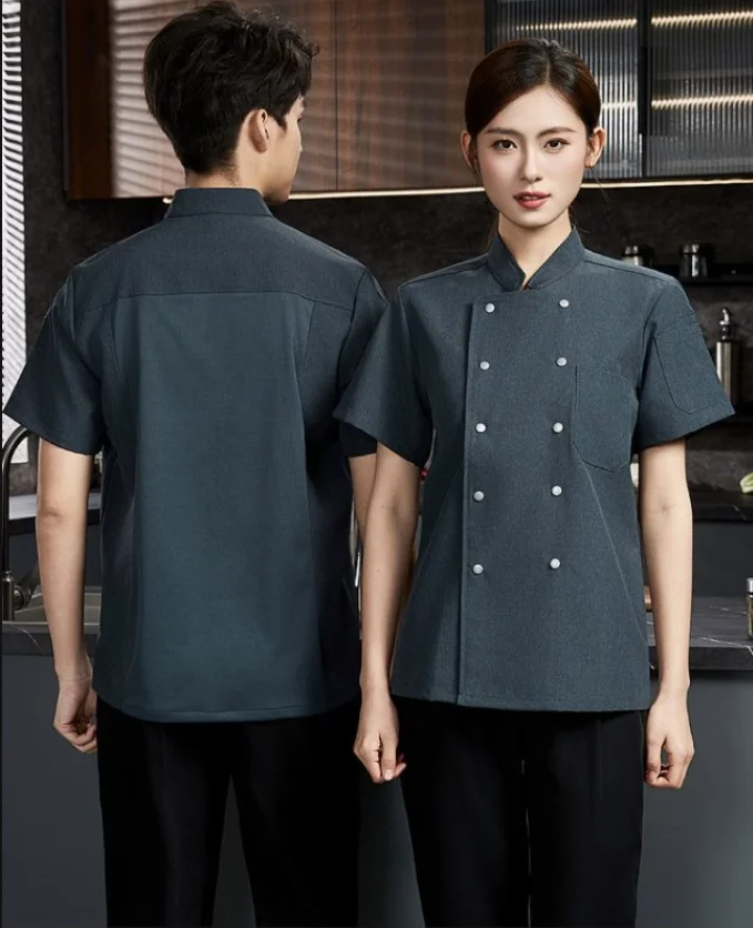 Uniforme de Chef de restaurante de manga corta, chaqueta de Chef de malla transpirable para hombre con delantal, abrigo de Chef de cocina, ropa de trabajo negra para mujer con logo