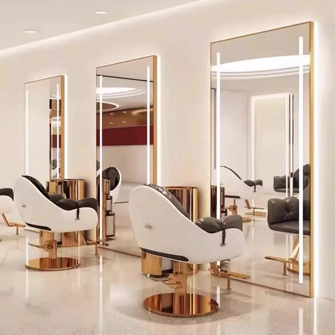 Light Luxury Square LED Floor Salon Mirror, Single & Double Sided Lighted Mirror for Barber Hair Cut Perm Dye