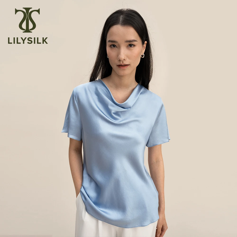 

LILYSILK Silk Tee for Women 2023 Summer New 22 Momme Cowl Neck Short Sleeve Top Ladies Casual Outfits Free Shipping