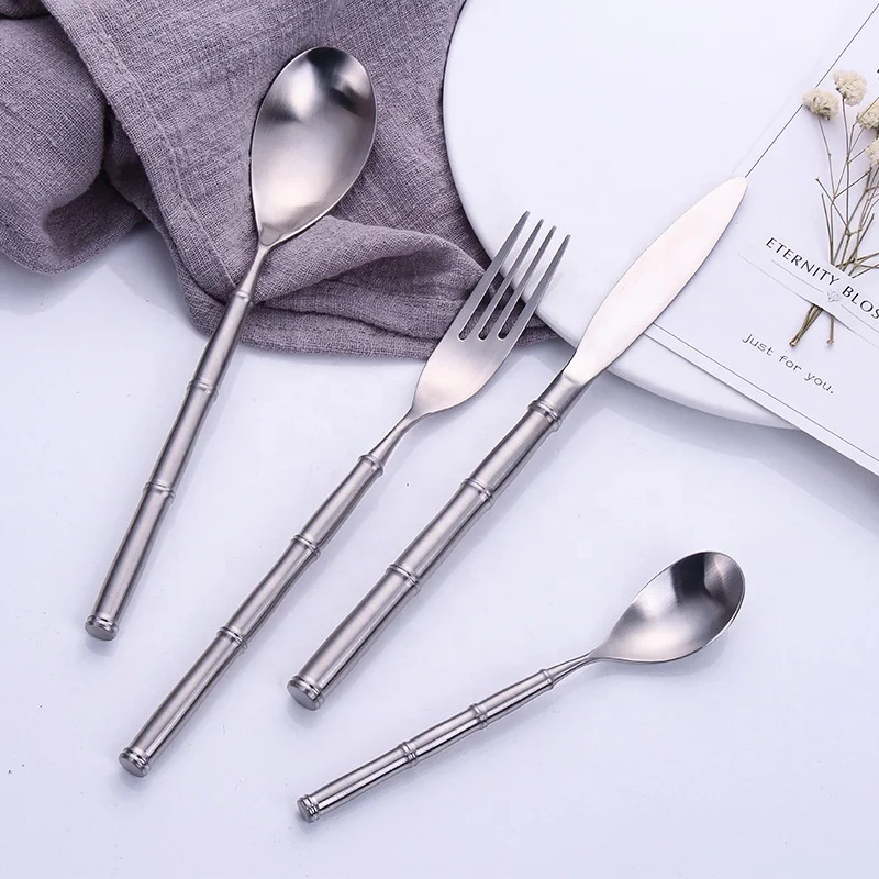 Unique Fancy Bamboo Shape Handle Stainless Steel 304 Cutlery Sets Forged Knife Spoons and Forks Matte Polish Hotel Flatware Sets