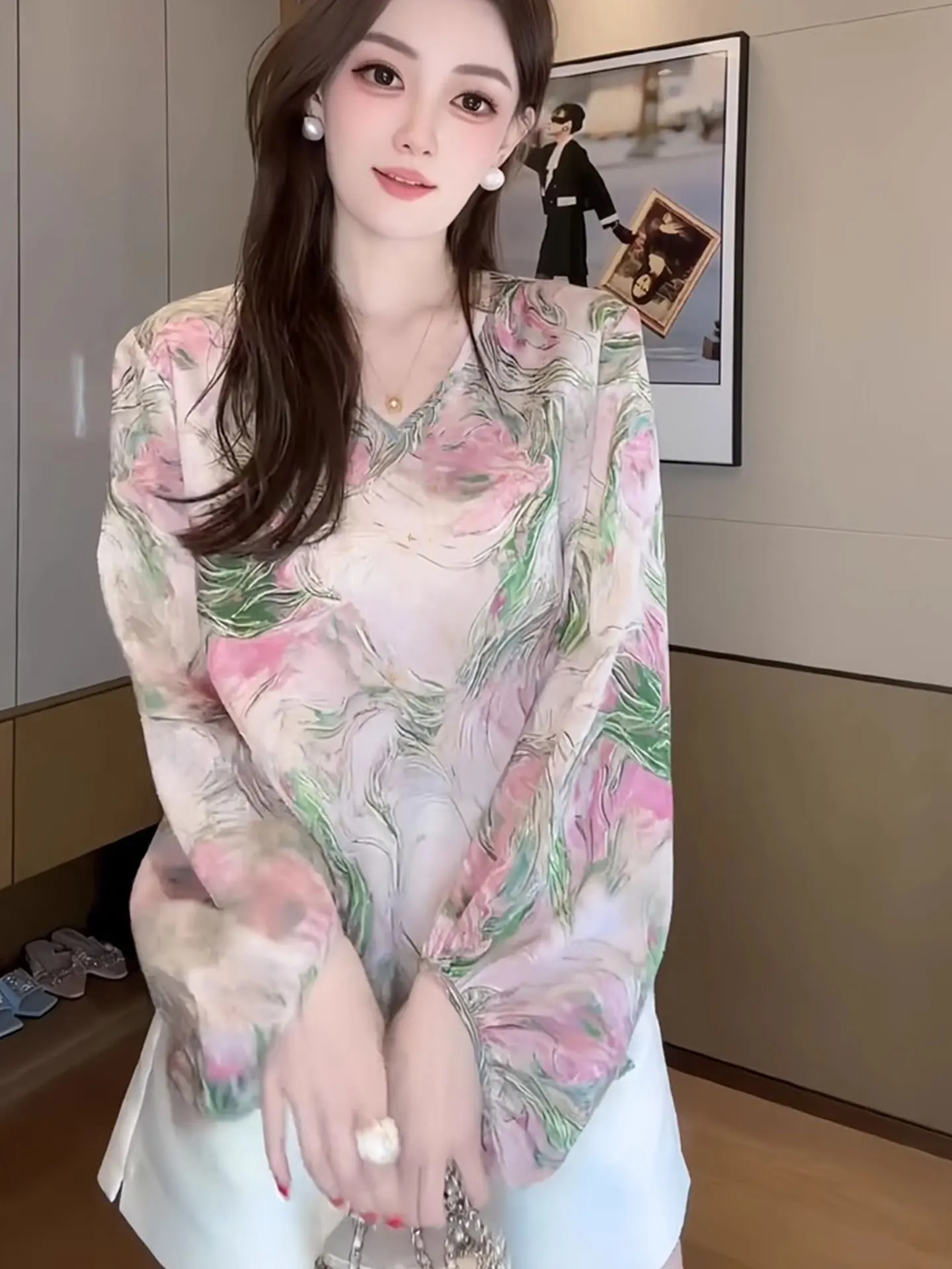 

Ele Long Sve Silk Blouse Women's V-Ne Printed Top Summer Faion Design Floral Satin Fabric Commute Sle