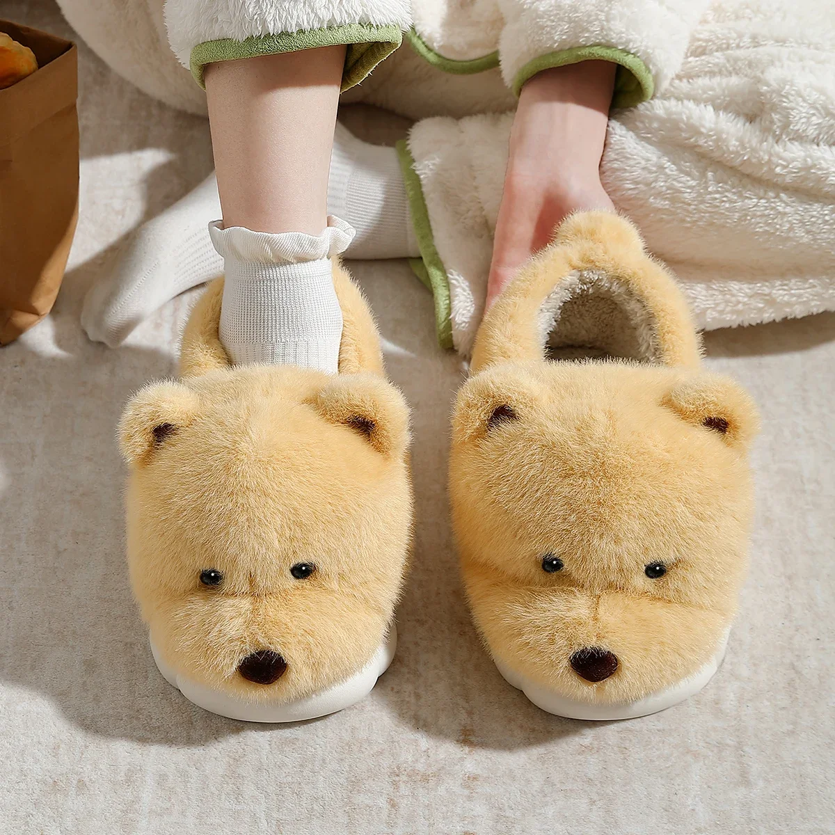 Winter Warm 3D Cartoon Dog Bear Thick Furry Women Plush Slippers Ankle Wrap Lady Couple Men Home Cotton Shoes