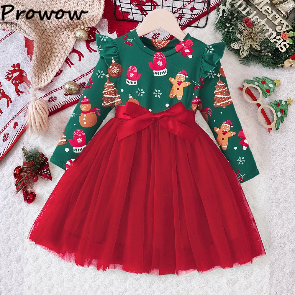 Prowow Kids Christmas Dress For Girls 2025 Red Patchwork Gingerbread Man Party Dresses Princess New Year Children\'s Costume