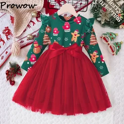 Prowow Kids Christmas Dress For Girls 2025 Red Patchwork Gingerbread Man Party Dresses Princess New Year Children's Costume