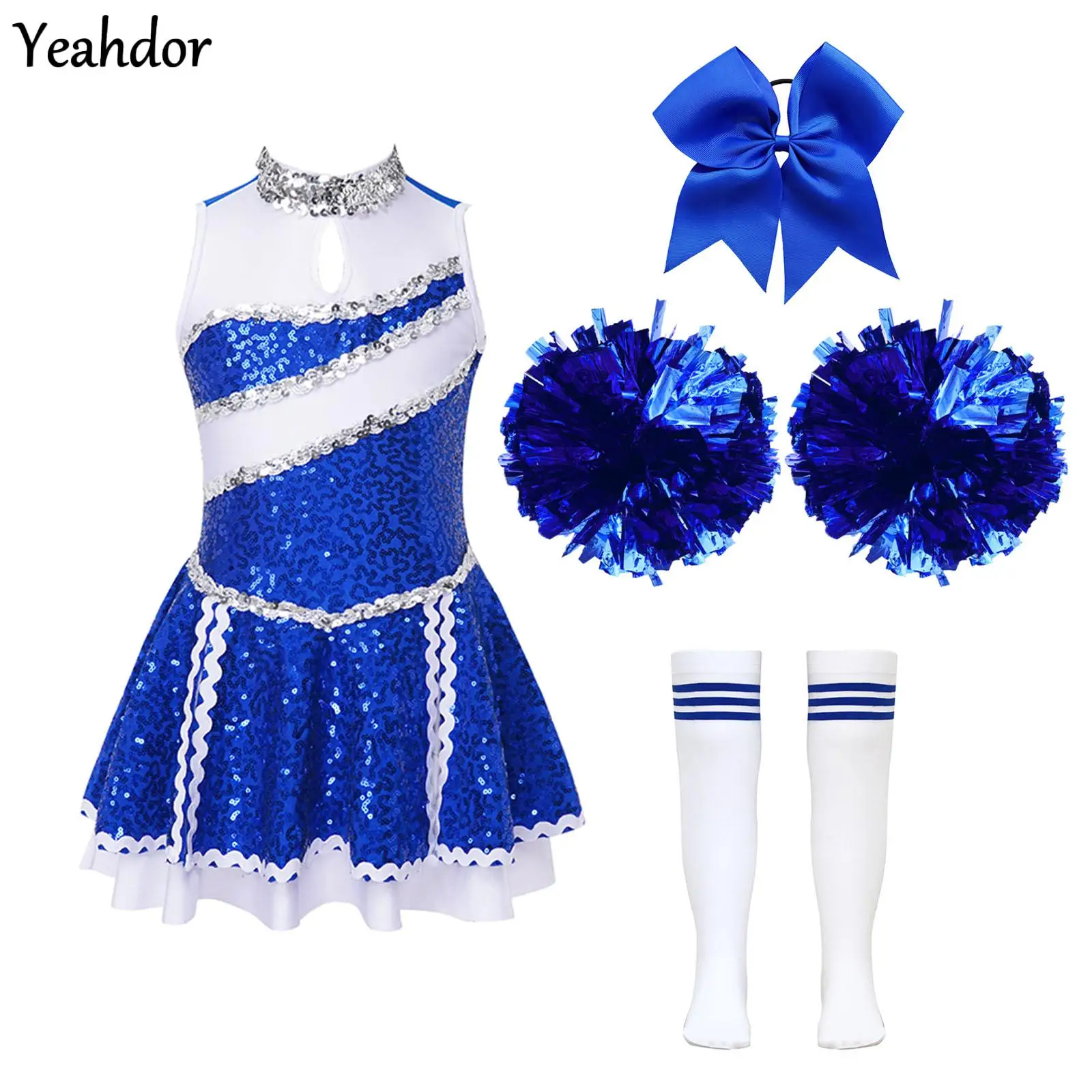 

Halloween Cheer Dance Uniform Girls Cheerleading Costumes Sequin Cheerleader Dance Dress with Headwear Hand Flowers Socks Suits