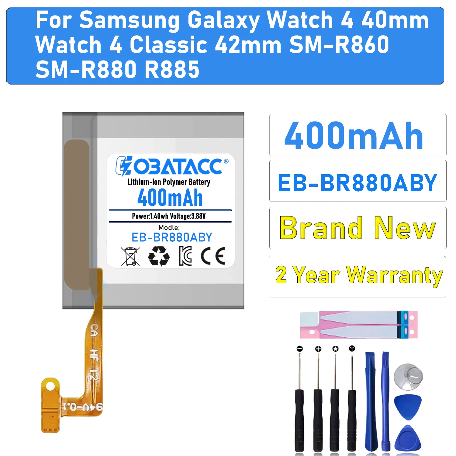2026 Years EOBATACC 400mAh Battery for Samsung Galaxy Watch 4 42mm 40mm EB-BR880ABY SM-R880 R860 R865u Smart Watch Batteries