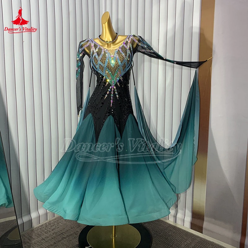 Weiblicher Gesellschaftstanz, langärmelig, allmählicher Farbwechsel, Chiffon, großes Swing-Kleid, Walzer, Foxtrott, Quickstep, Wettbewerb, individuelle Kleidung