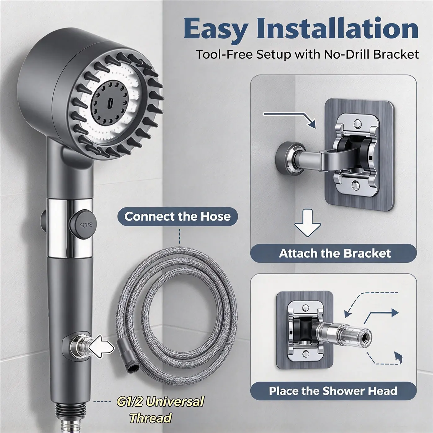 HTMCK Gray Medium Shower Head with Built-in Filter, 3 Spray Modes One-Key Stop 62-inch Braided Hose, Drill-Free Bracket image 4