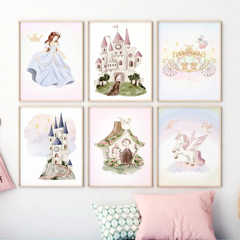 

Crown Castle Unicorn Angel Girls Wall Art Canvas Prints Painting Pictures Cartoon Kids Room Home Decor Nursery Princess Posters