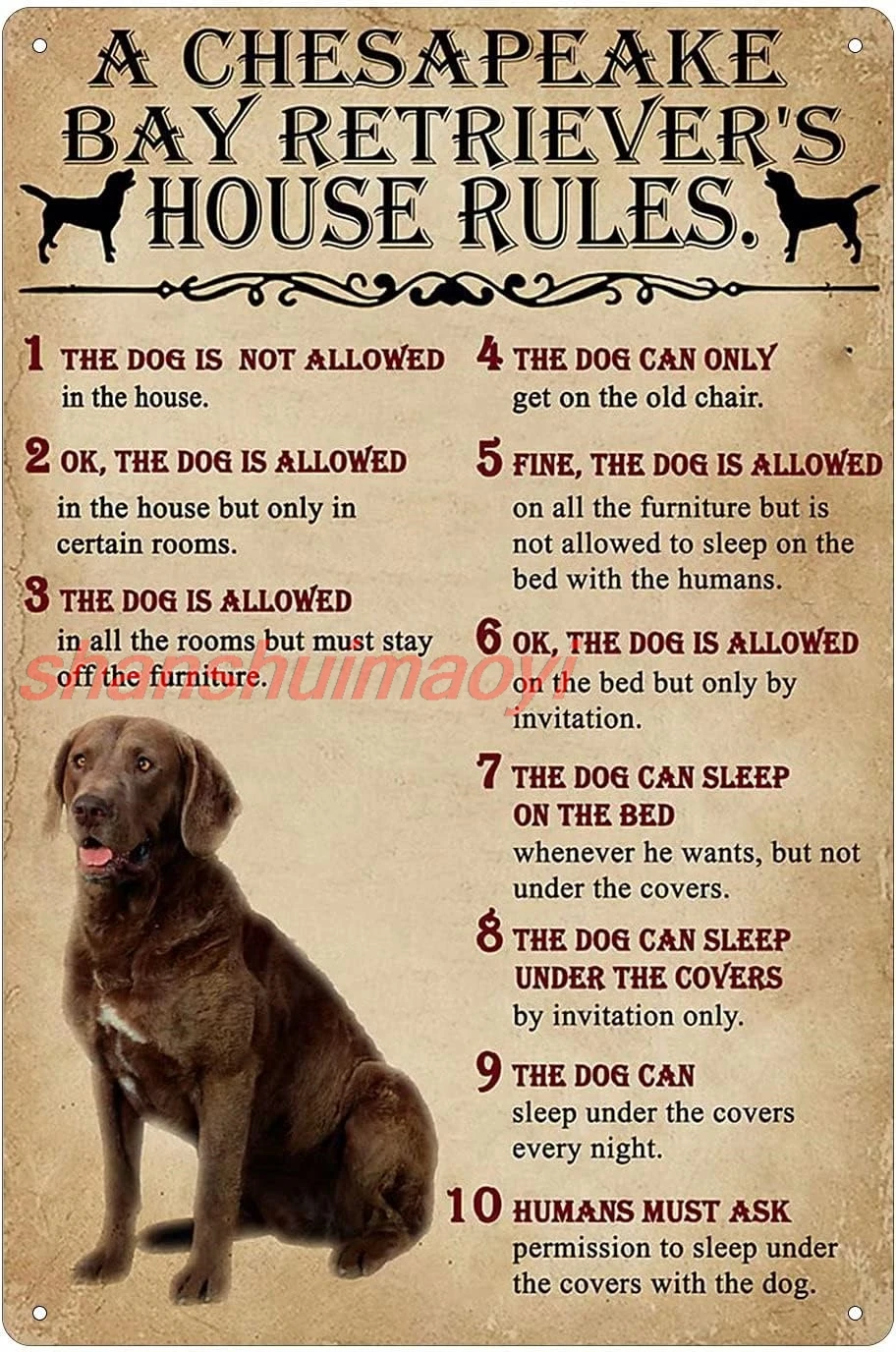 Dog Tin Sign Vintage Chesapeake Bay Retriever'House Rules Wall Decoration Home Farm Bar Home Club Cafe Wall Hanging Gift 8x sign