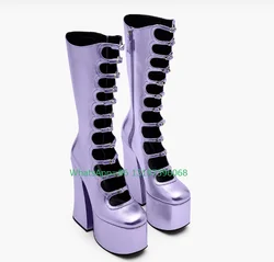 Lady Metallic Purple PU Buckle Strap Knee Boots Platform Punk Footwear Size 35-46 Side Zip New Arrive Runway Lonita Cute Boots