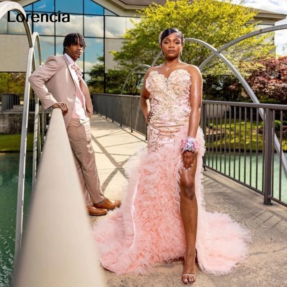 Customized Glitter Pink Diamonds Mermaid Ruffles Prom Dress For Black Girls Silver Beaded High Slit Birthday Party Gown YPD184