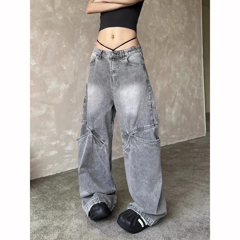 

Осенние женские серые мешковатые джинсы-карго Y2k, расклешенные джинсы в японском стиле 2000-х годов, джинсовые брюки-бойфренды, винтажные джинсовые брюки большого размера в стиле Харадзюку