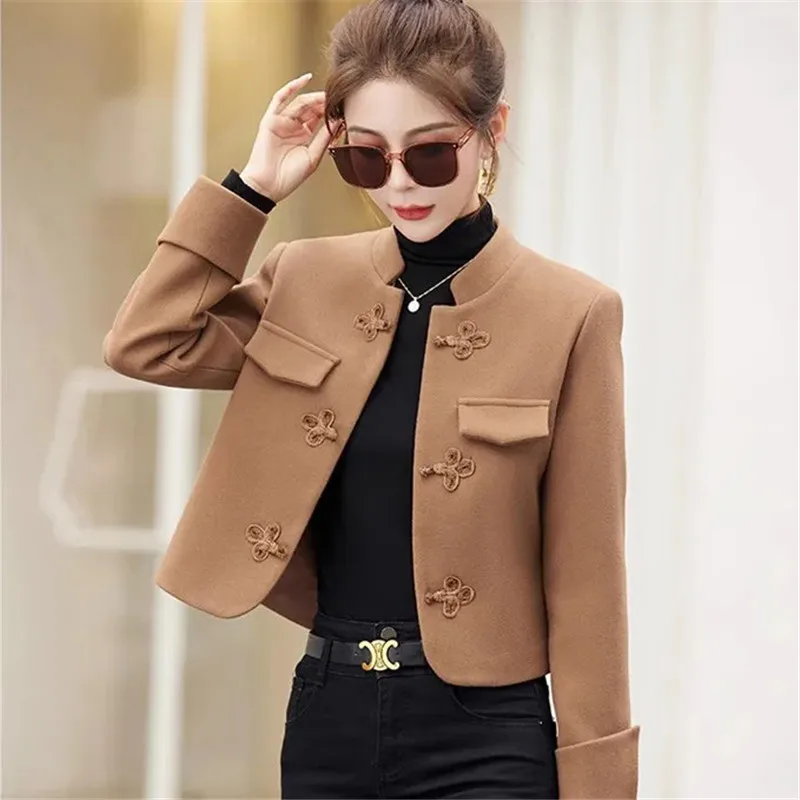 

Chinese Style Red Woolen Coat For Women Fashion Restore Coil Buckle Design Short Woolen Jacket 2024 Spring Autumn Top Outerwear