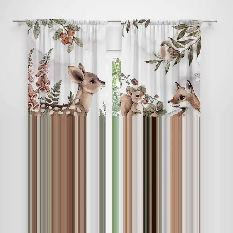 Woodland Deer Curtains Woodland Animals Kids Bedroom Curtains Playroom Black Out Curtains Nursery Decor Baby Girl Room Living