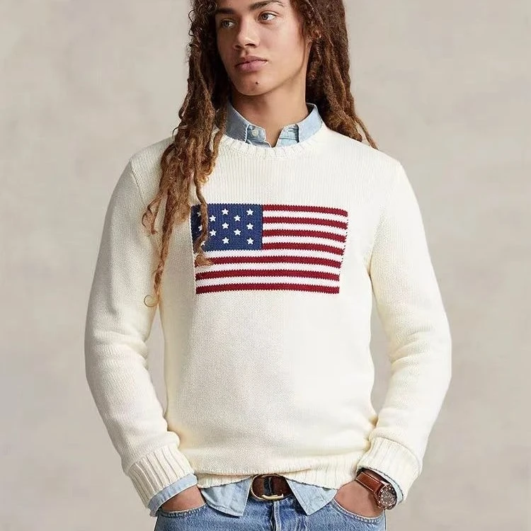 

2026 European And American Navy Blue Spring American Flag Embroidered Sweaters Men Women Casual Round Neck Long Sleeve Sweaters