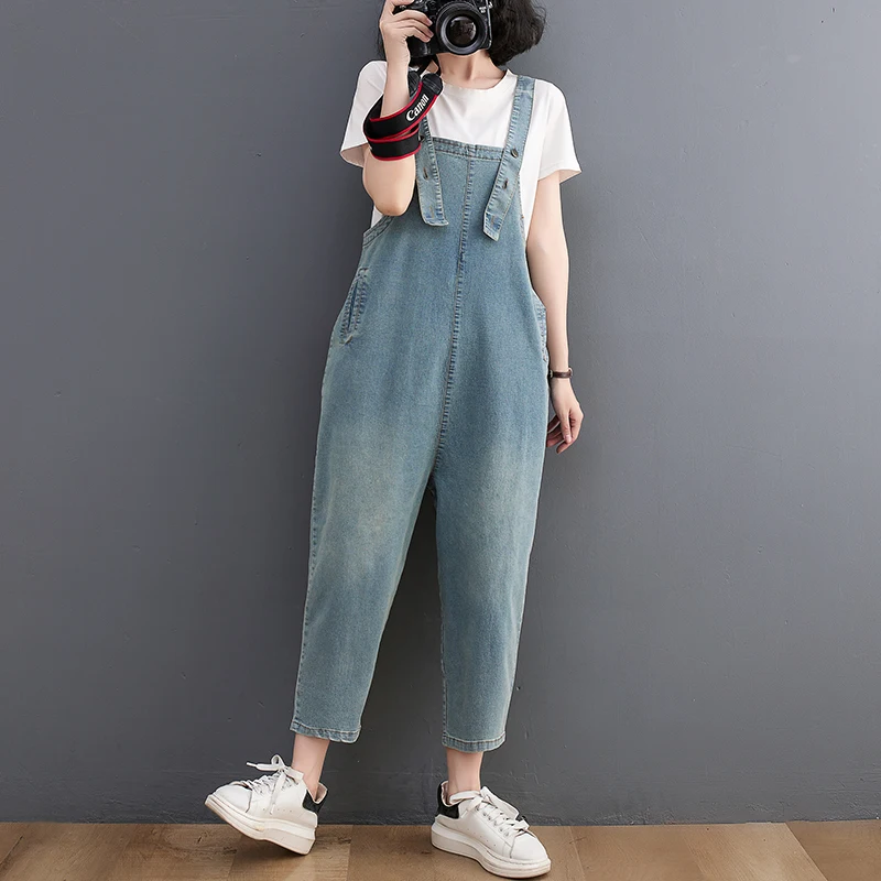 New 2023 Spring Summer Jeans Jumpsuit Women Casual Loose Big Size Denim Overalls Wide Leg Baggy Pants High Quality Strap Rompers