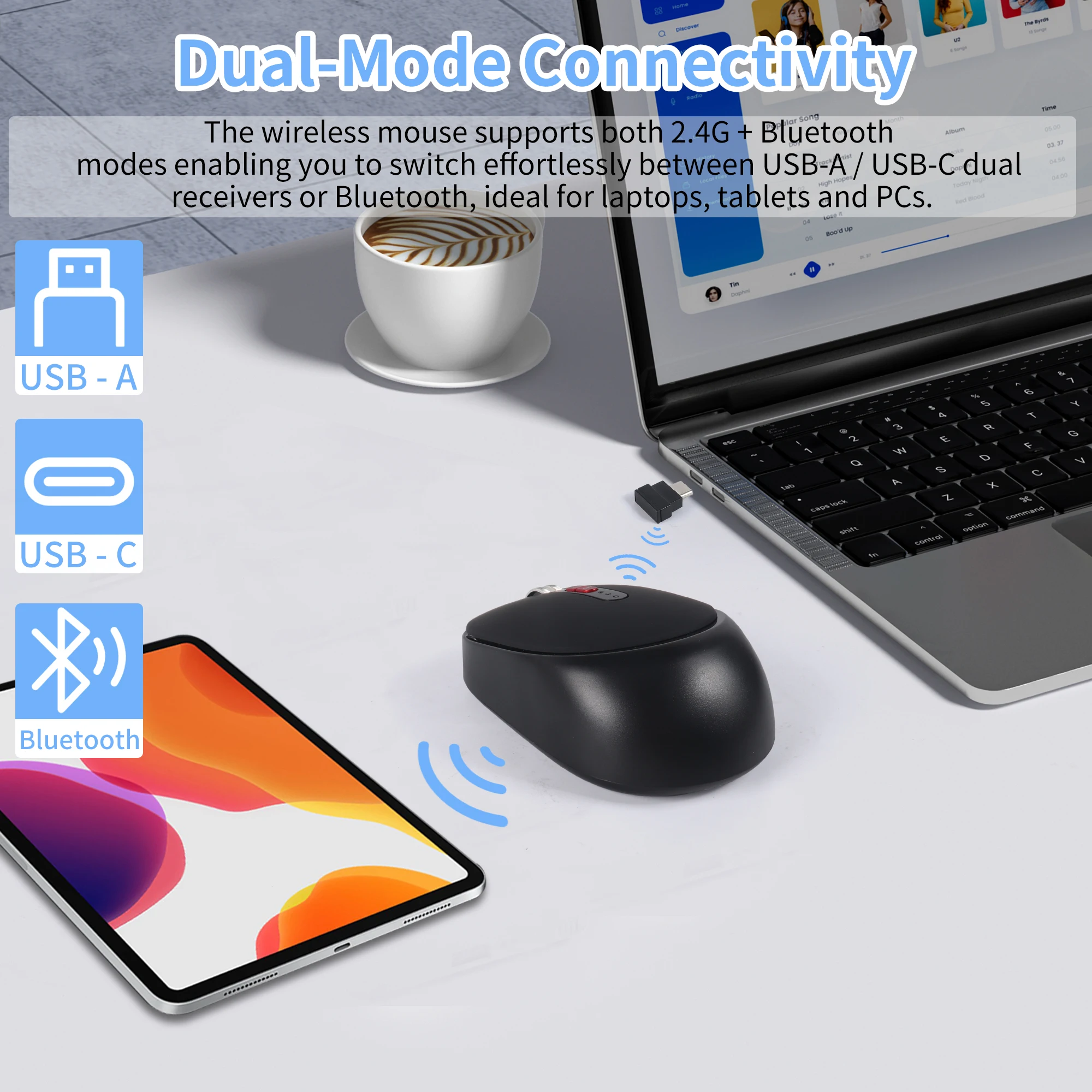 Mini Dual-mode Mouse Rehargeable Power Level Reminder Mute Button Dual Receiver Metal Roller For Small Hand Win MacOS Use Mause