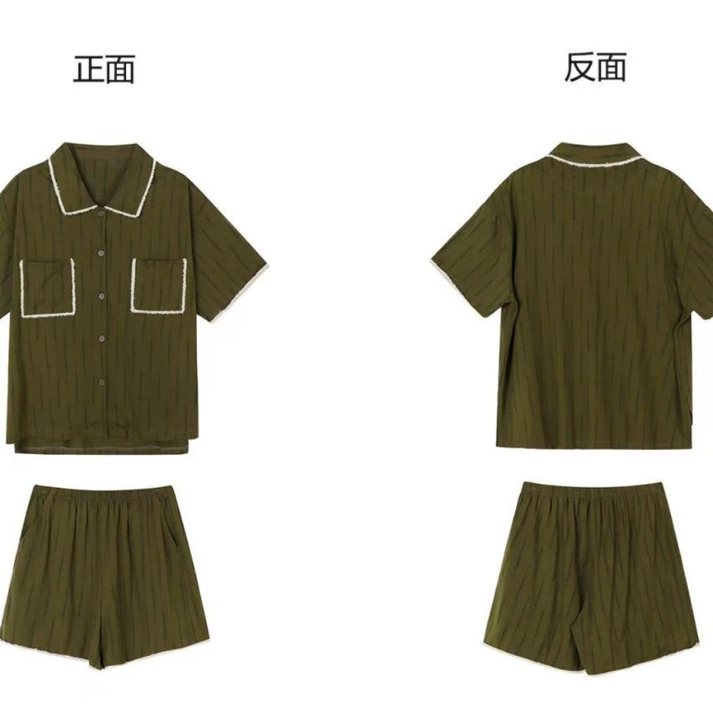 طقم بيجامات مخططة باللون الأخضر للفتيات على طراز هاراجوكو الياباني Y2K ملابس منزلية فضفاضة صيفية أمريكية يمكن ارتداؤها في الخارج