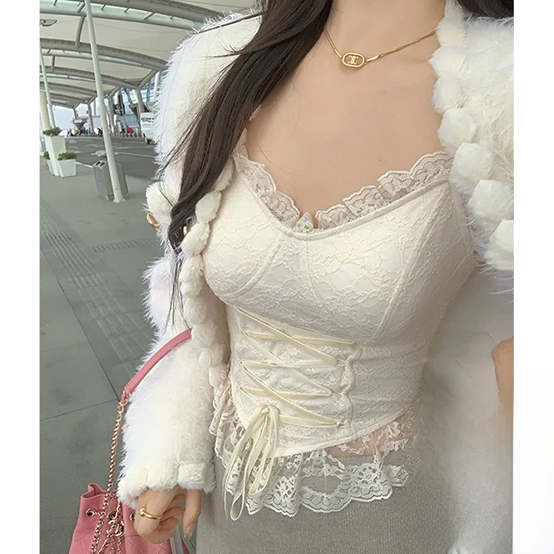 Lace  Halter Vest Women's Outerwear Beautiful Back Bra Integrated Suit Inner Match Base Shirt with Chest Pad Top