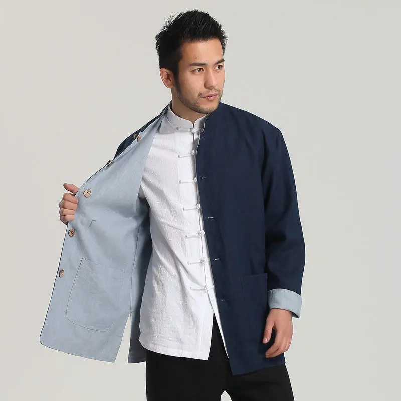 Oriental Style Men Traditional Linen Coat Wearing Both Sides Design Mandarin Collar Design Tang Suit Tangzhuang Tunic Outerwear