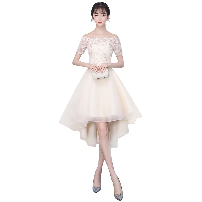 

Banquet champagne evening dress dress girl, one word shoulder short back long and thin prom party dress