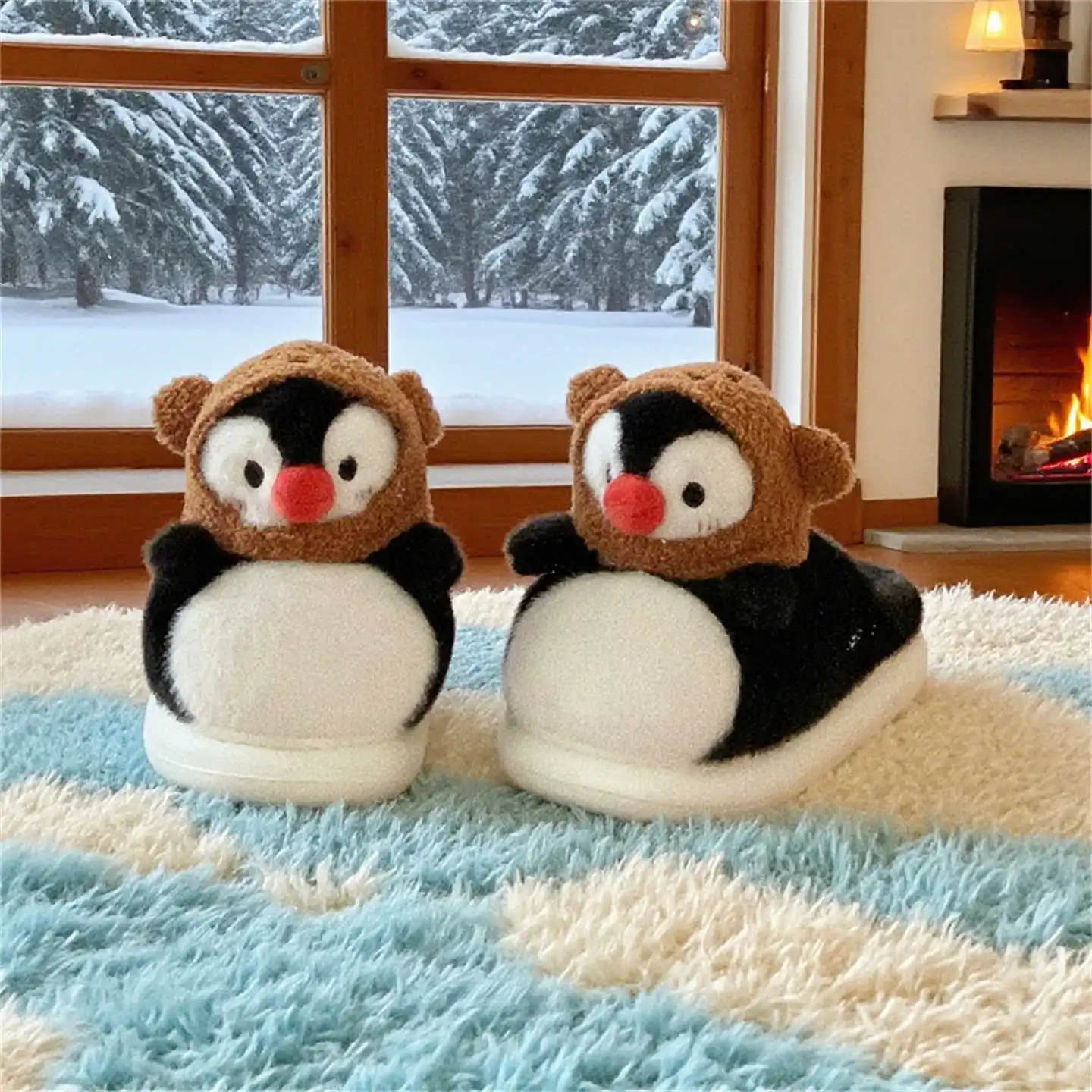 

Women Home Slippers Winter New Women's Cute Penguin Slippers Furry Warm Girlish Anti Slip Indoor Household Cartoon Shoes