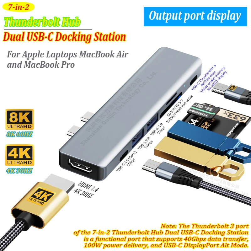 Hub USB-C doppio con Thunderbolt, adattatore USB HDMI, SD e TF per docking station Mac per Apple MacBook Air e MacBook Pro