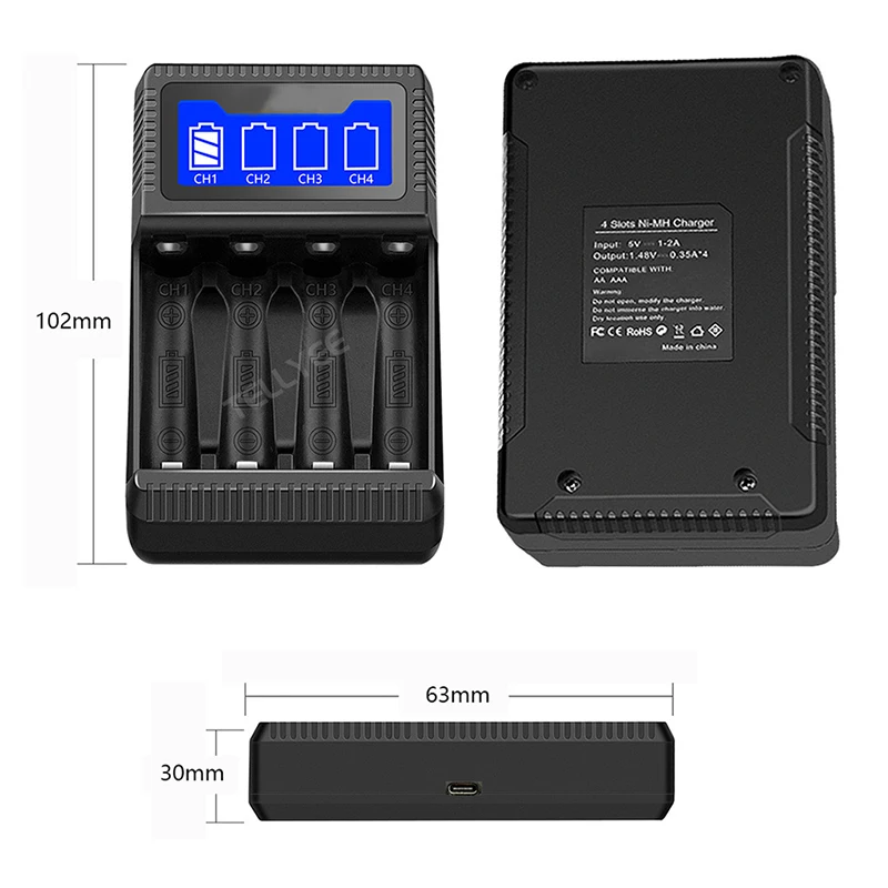 4-slot battery charger input 5V-2A suitable for DC 1.48V AA AAA rechargeable battery charger