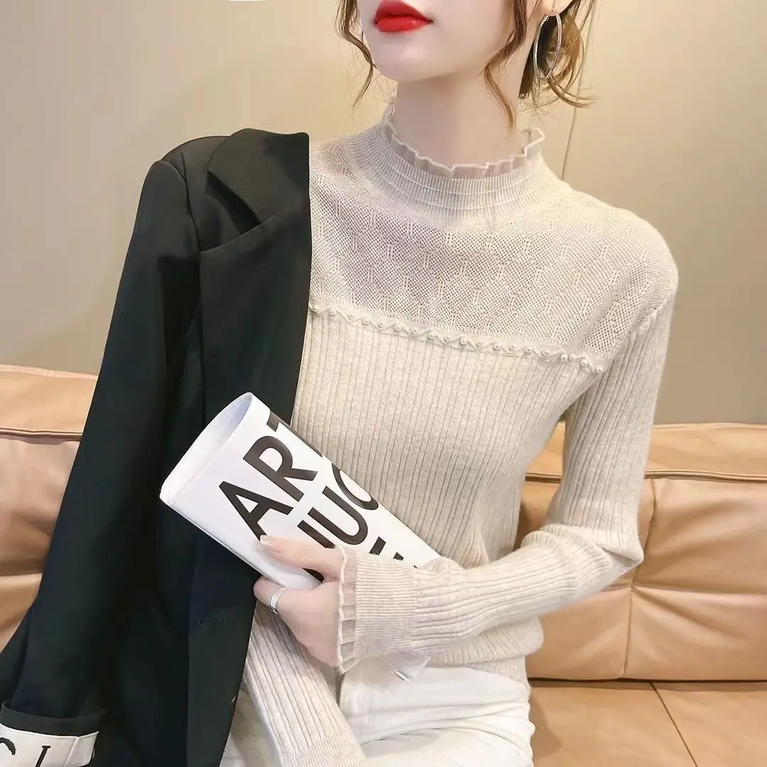 Half High Neck Hollow Out Rivet Pullover Sweater Lace Patchwork Slim Bottom Sweater 2023 New Fashion Long Sleeved Casual Sweater