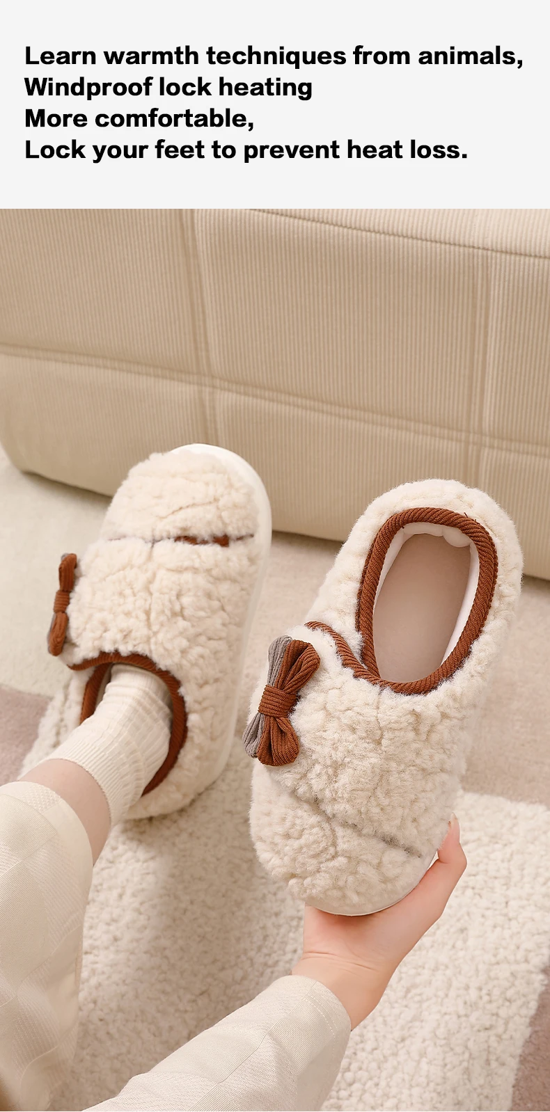 Niedliche Schleifen-Winterhausschuhe für Damen, flauschige Lammfell-Hausschuhe, weiche Plüsch-Warmstiefel mit vollständiger Fersenumhüllung, dicke Sohle, Indoor-Mules. – Detail 5