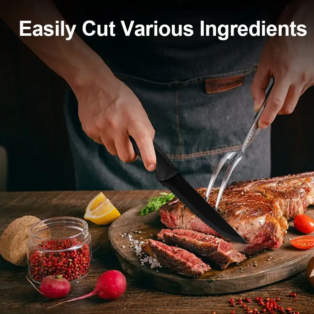 الراقية 1/2/4/6/8 سكين المطبخ الأسود بارد ستيك طقم السكاكين الفولاذ المقاوم للصدأ PP مقبض بلاستيكي سكين مسنن يمكن غسالة الصحون #3