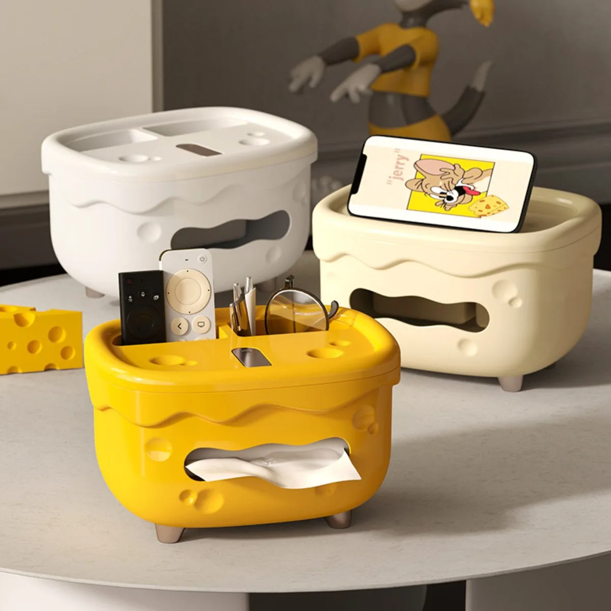 

Nordic Cheese Tissue Box Holder Multifunctional Desktop Organizer with Phone Stand and Remote Control Storage