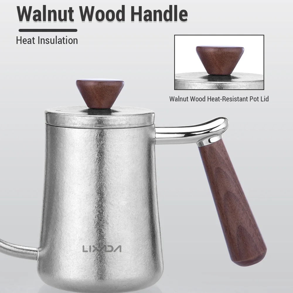 Ti Pour Over Coffee Kettle معقوفة إبريق قهوة مع مقبض خشبي للتخييم في الهواء الطلق صب إبريق قهوة Ti غلاية قهوة #4