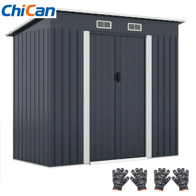 

【Hot】Tool Shed with Pent Roof Sliding Doors Garden Shed with Air Valves Galvanised Metal Frame 213 x 112 x 185 cm
