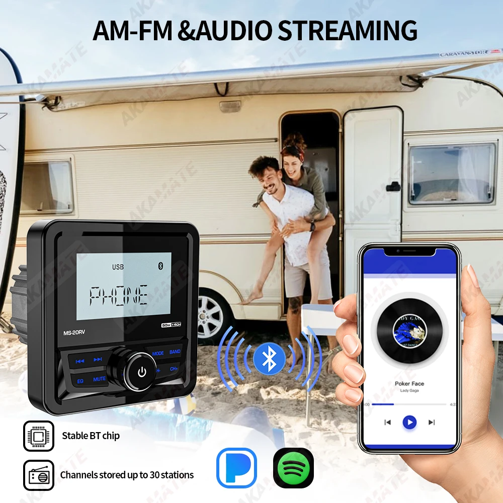 MP3 Stereo Radio For RV Bluetooth FM AM EQ  HD Waterproof IPX5 AUX Multimedia Player for ATV UTV Boat Marine Motorcycle 200W