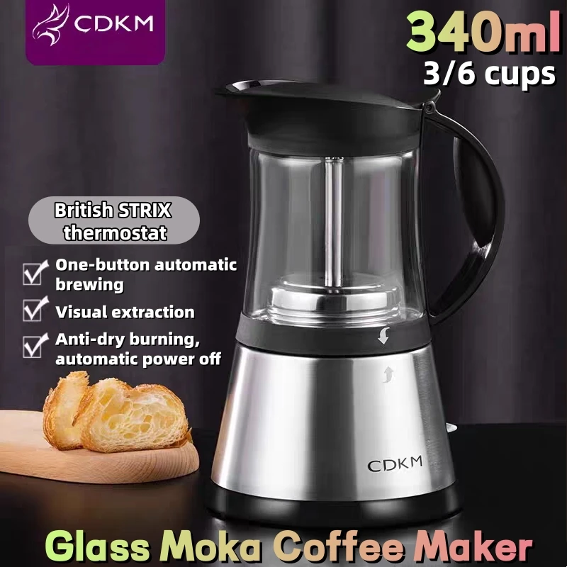 CDKM Moka pot coffee Semi-Automatic Glass Coffee Machine Visual Extraction Automatic Power-Off with Coffee Filter Design 340ml