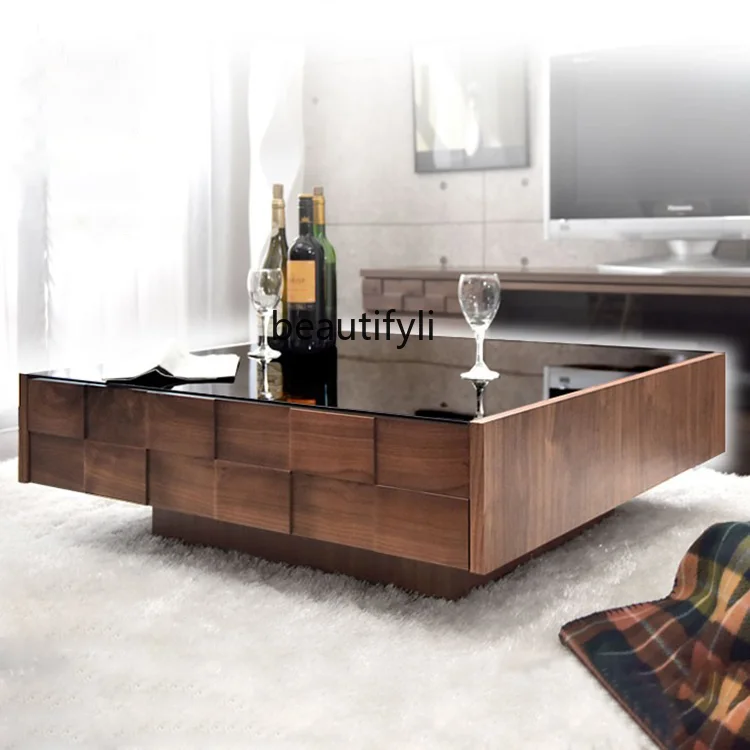 North America Black Walnut Wooden Tea Table Modern Simple Small Apartment Tea Table Nordic Light Luxury Glass Tea Table