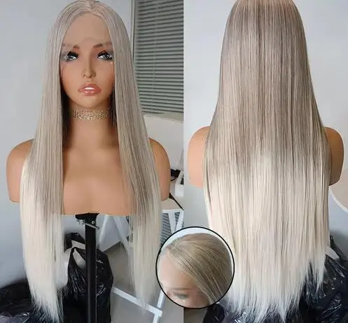 

Ombre Grey Synthetic Lace Front Wig For Women Long Straight Heat Resistant Fiber Naturl Hairline Middle Part Cosplay