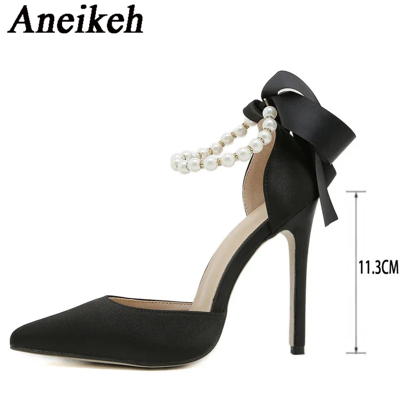 Aneikeh Mode Herbst PU Schuhe Für frauen Flach String Bead Pumpen Spitz Solide Frauen Schuhe Dünne Fersen Schmetterling-knoten