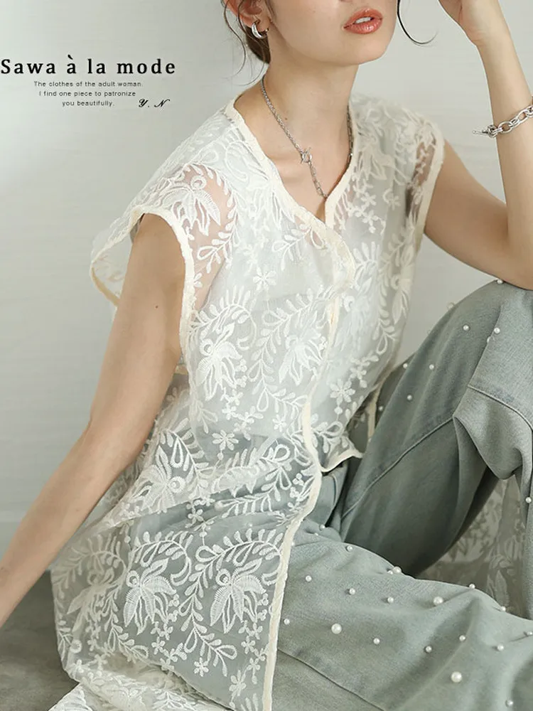 

Fashionable Korean Style Loose Lace Open Cardigan Vest Women's Summer Breathable Plant Floral Patterned Mid-Length Vest