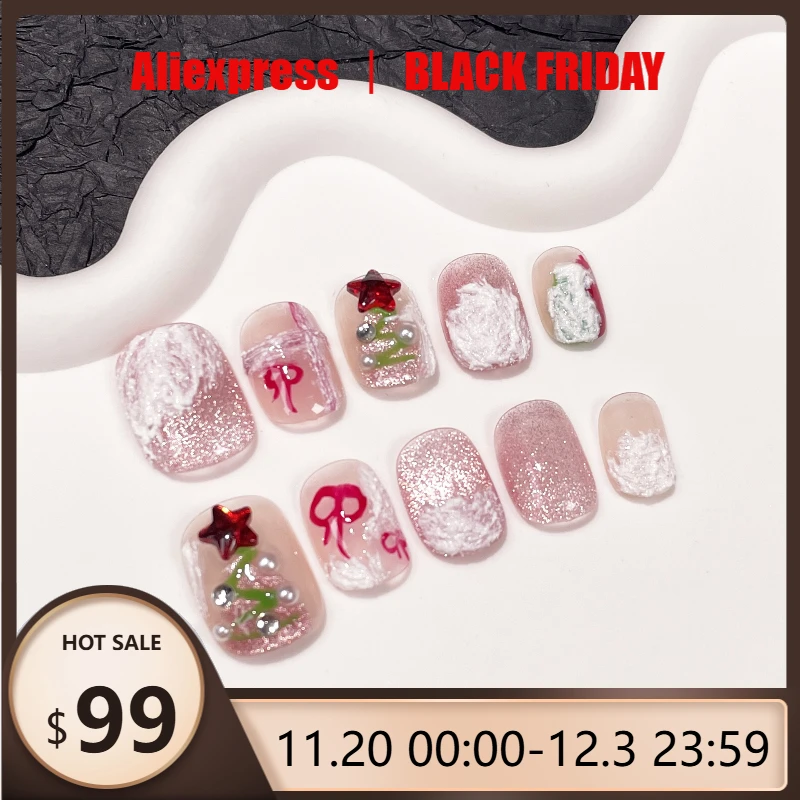

10Pcs Pink Snowy Village&Star Design False Nails, Handmade Press-on Nail Tips for Party Wear, Christmas Gift for Women and Girls