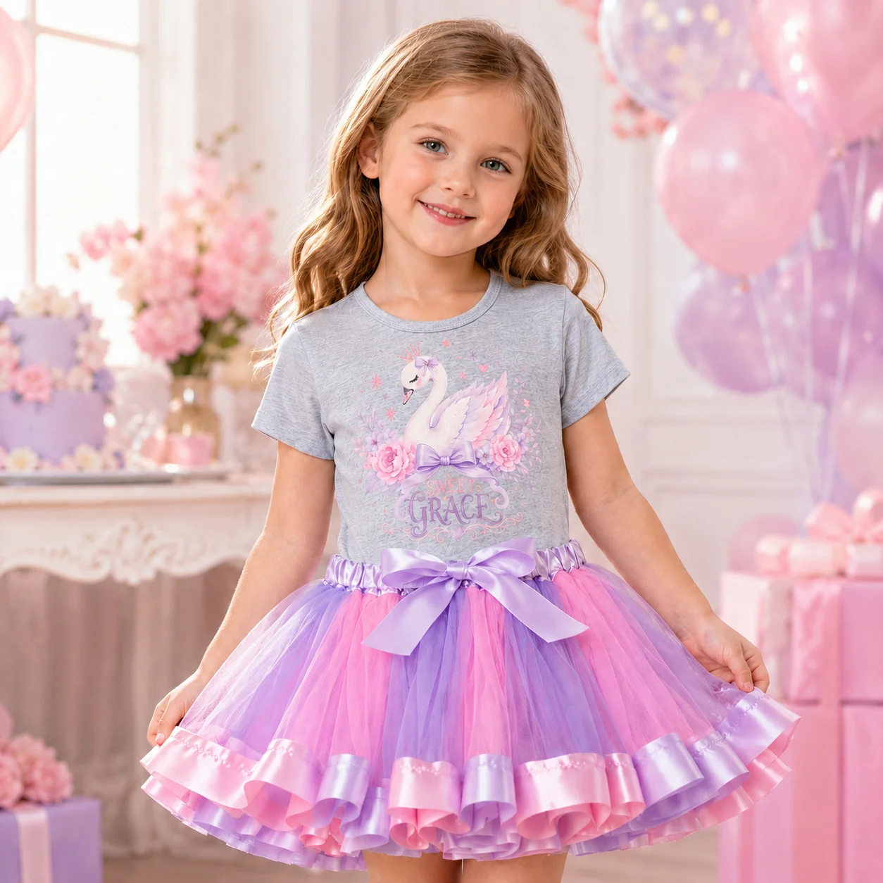 Conjunto de 2 piezas para niñas pequeñas, camiseta de manga corta con estampado floral de cisne, falda tutú de tul con volantes rosa y morado, fiesta de cumpleaños para niños