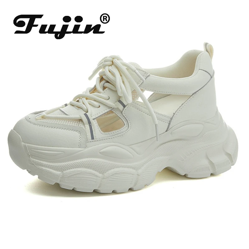 

Fujin 7 см, женские тапочки на плоской подошве из искусственной кожи с воздушной сеткой, женские тапочки на танкетке из микрофибры, массивные кроссовки, полые сандалии, обувь