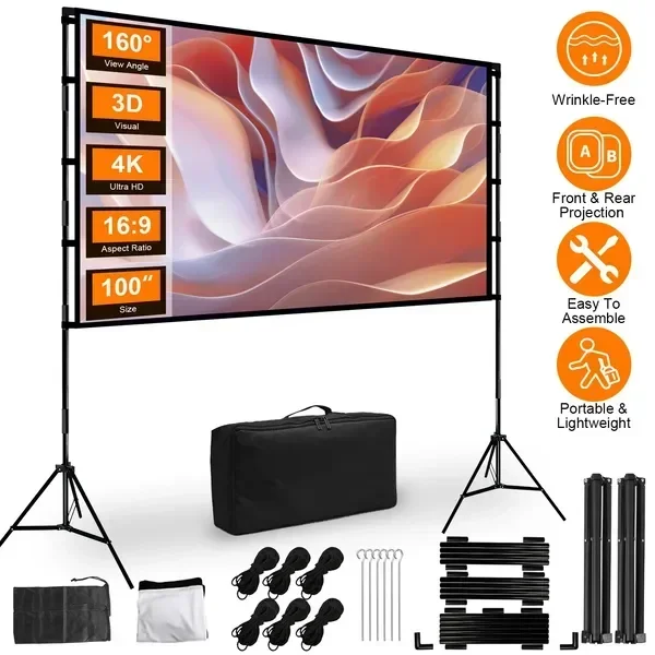 

100inch/120inch Options Projector Screen with Stand 16:9 4K HD Rear Front Wrinkle-Free Portable And