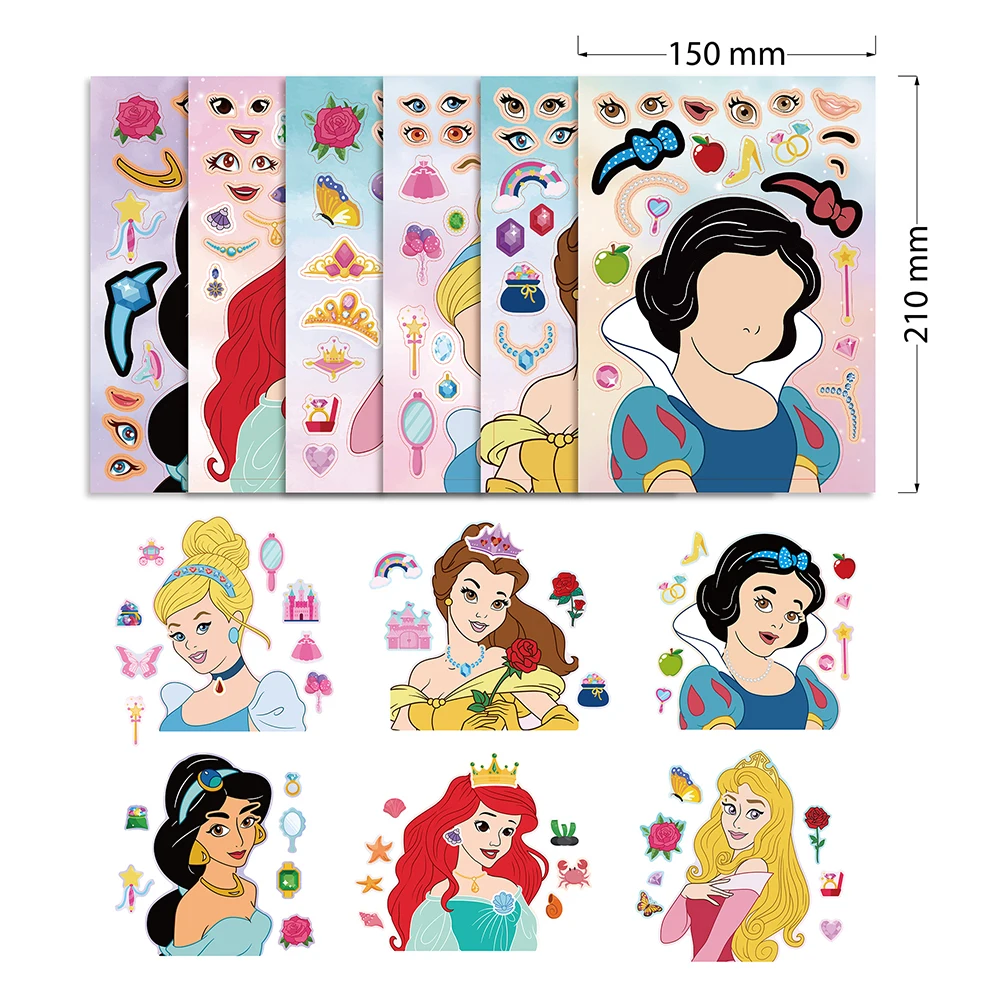 6/12Sheets Disney Princess Children Puzzle Stickers Make-a-Face Funny Assemble Jigsaw DIY Cartoon Sticker Kids Educational Toys